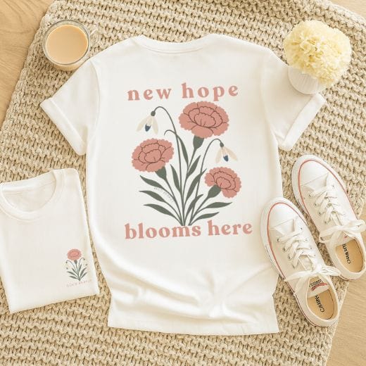 New Hope Blooms Here, January – Carnation & Snowdrop - Adult T-Shirt