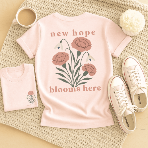 New Hope Blooms Here, January – Carnation & Snowdrop - Adult T-Shirt