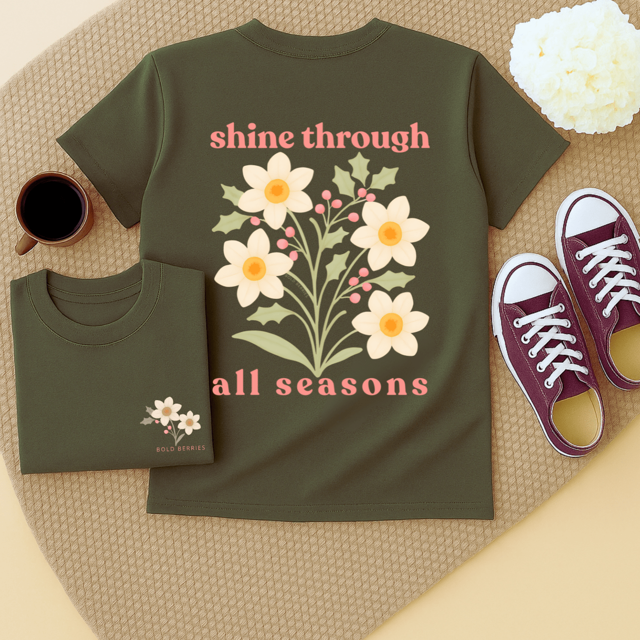 Shine Through All Seasons - December – Narcissus (Paperwhite) & Holly - Adult T-Shirt