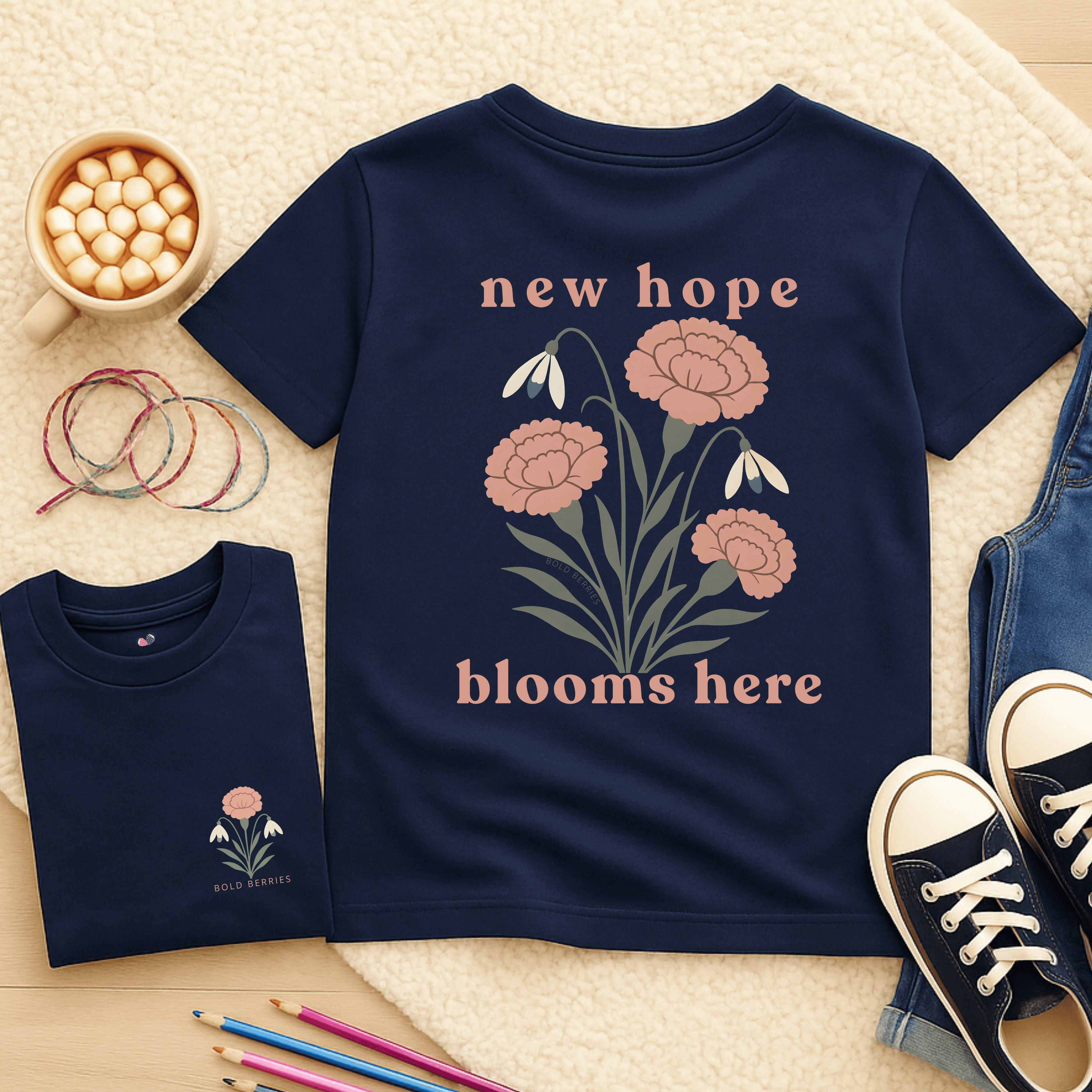 New Hope Blooms Here, January – Carnation & Snowdrop - Kids T-shirt