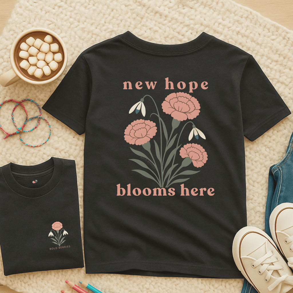 New Hope Blooms Here, January – Carnation & Snowdrop - Kids T-shirt
