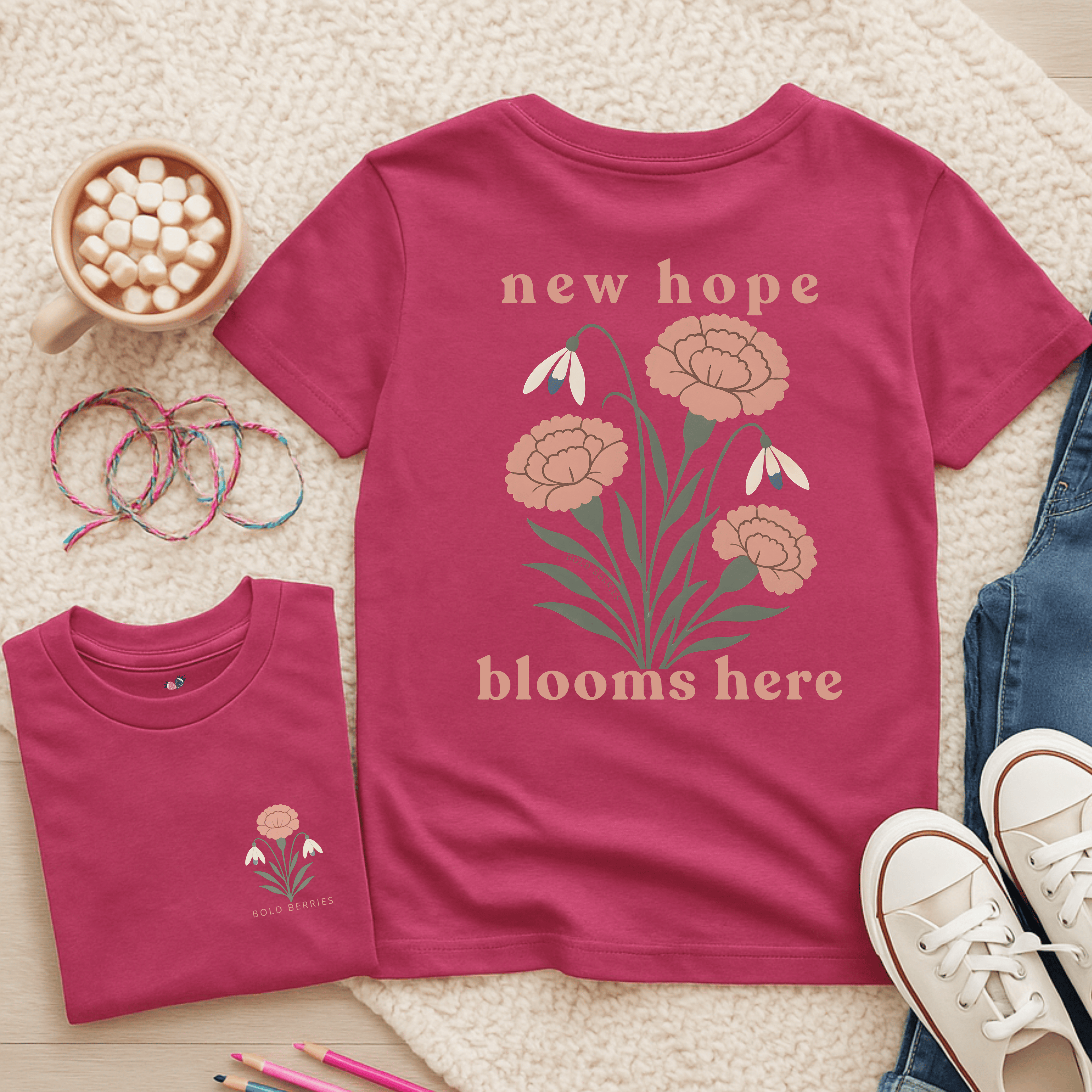 New Hope Blooms Here, January – Carnation & Snowdrop - Kids T-shirt