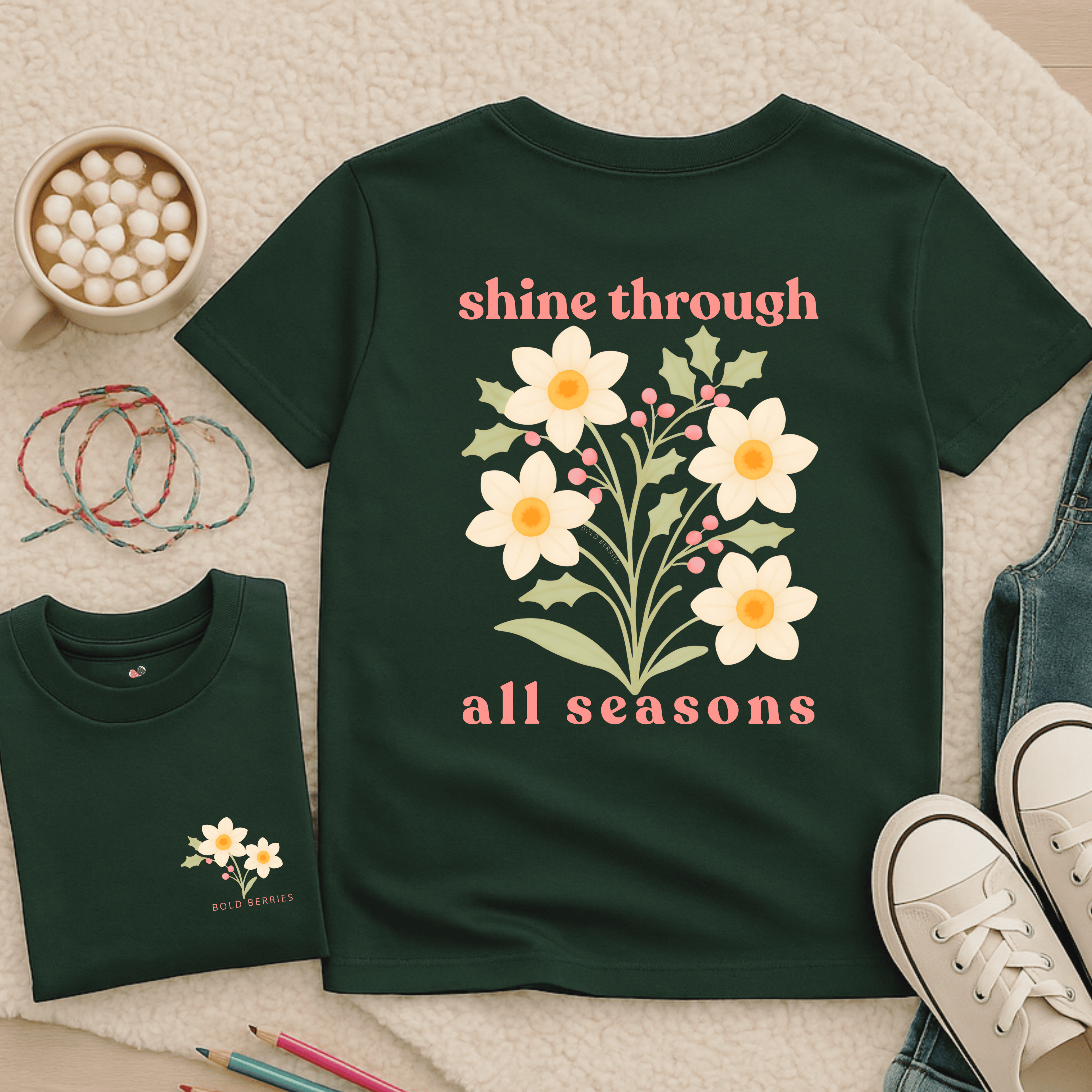 Shine Through All Seasons - December – Narcissus (Paperwhite) & Holly - Kids T-shirt