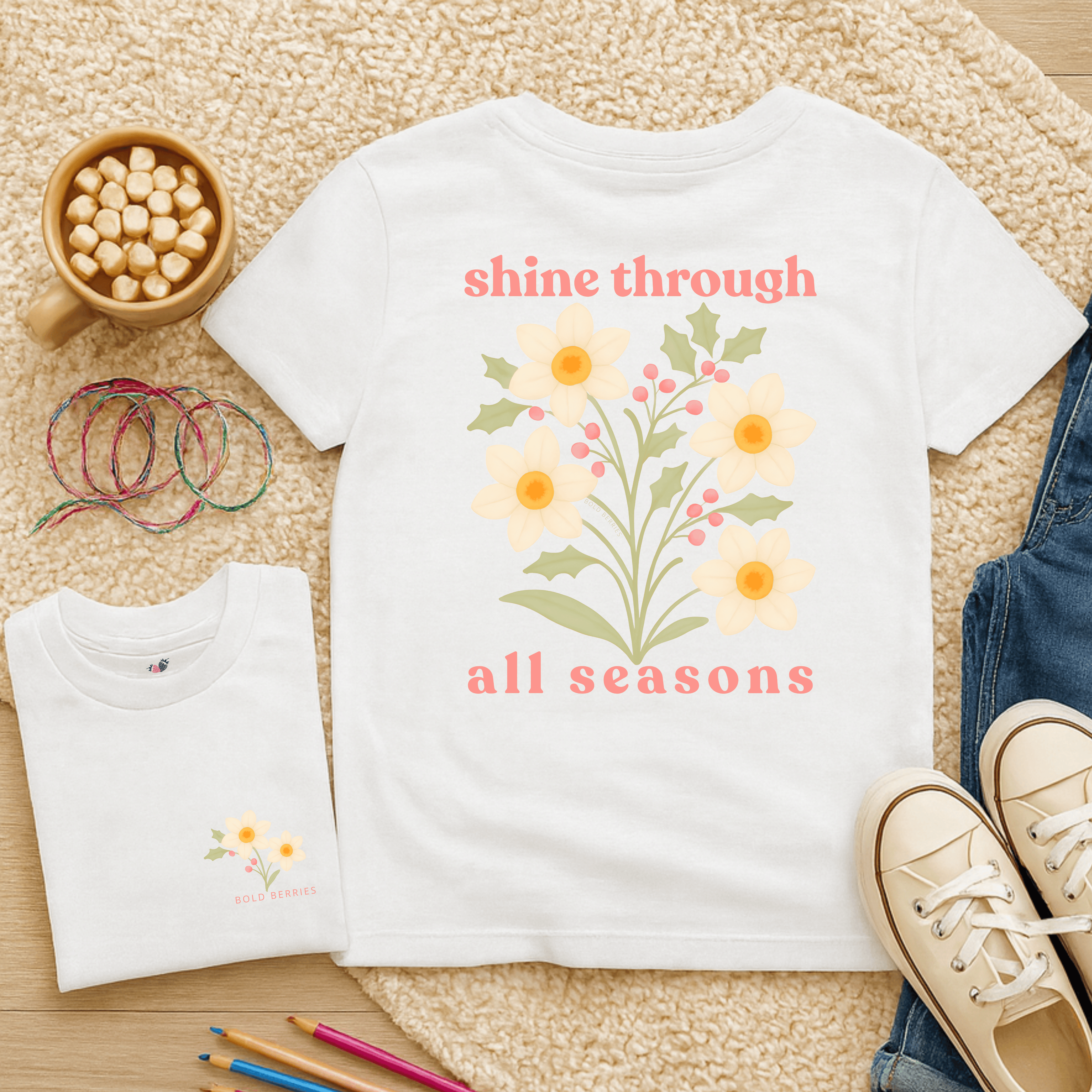 Shine Through All Seasons - December – Narcissus (Paperwhite) & Holly - Kids T-shirt