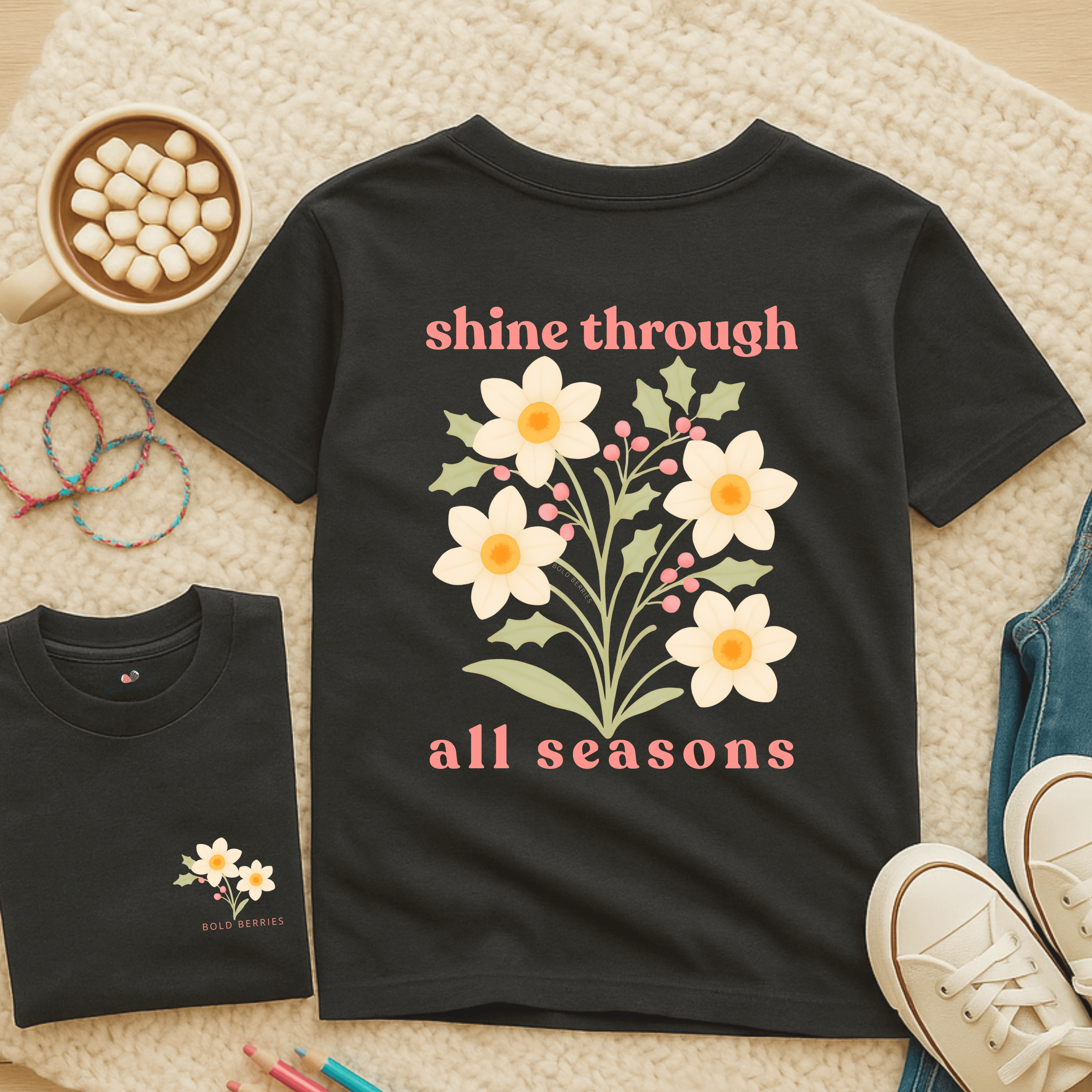 Shine Through All Seasons - December – Narcissus (Paperwhite) & Holly - Kids T-shirt