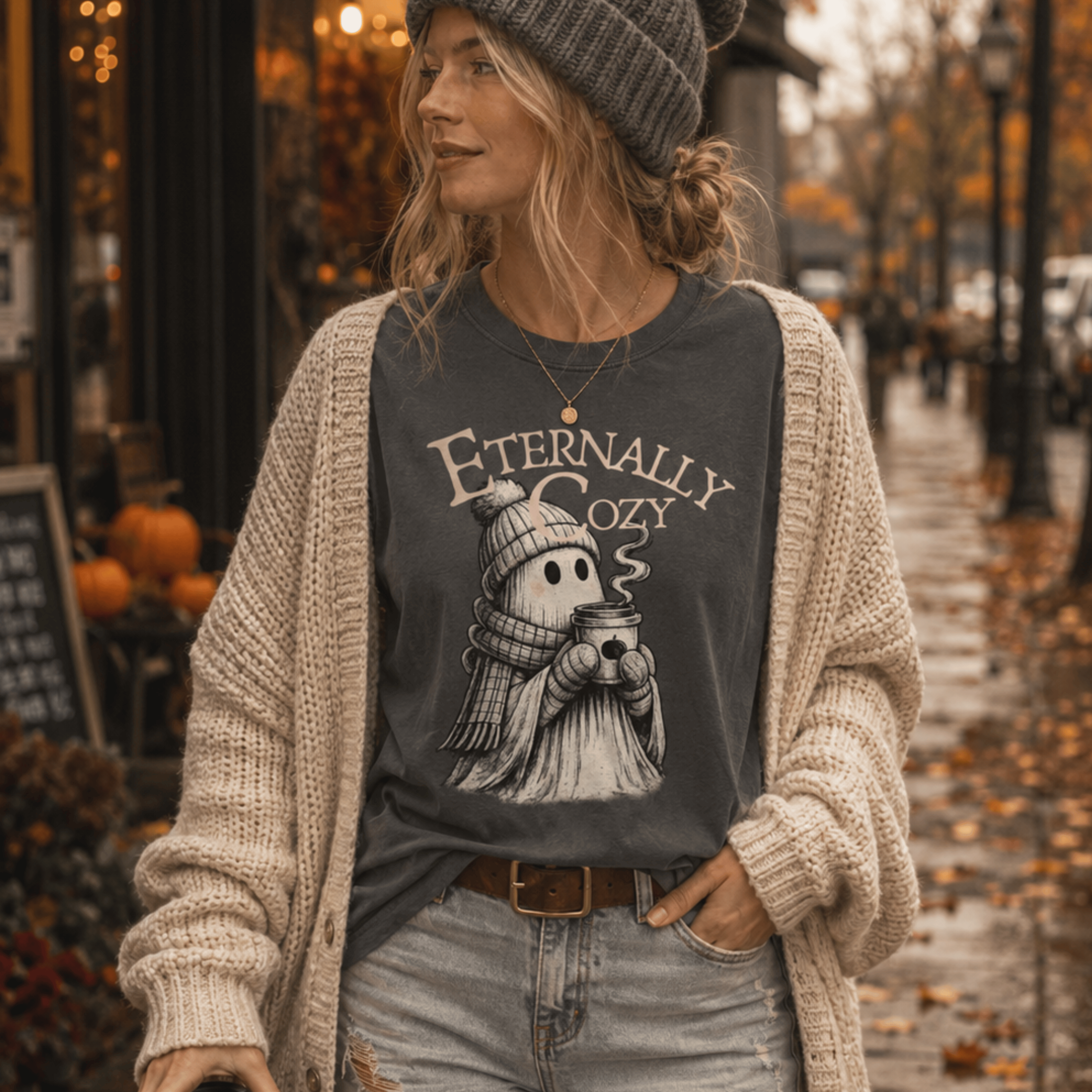 Eternally Cozy Ghost T-Shirt — Cute Autumn/Winter Halloween Tee