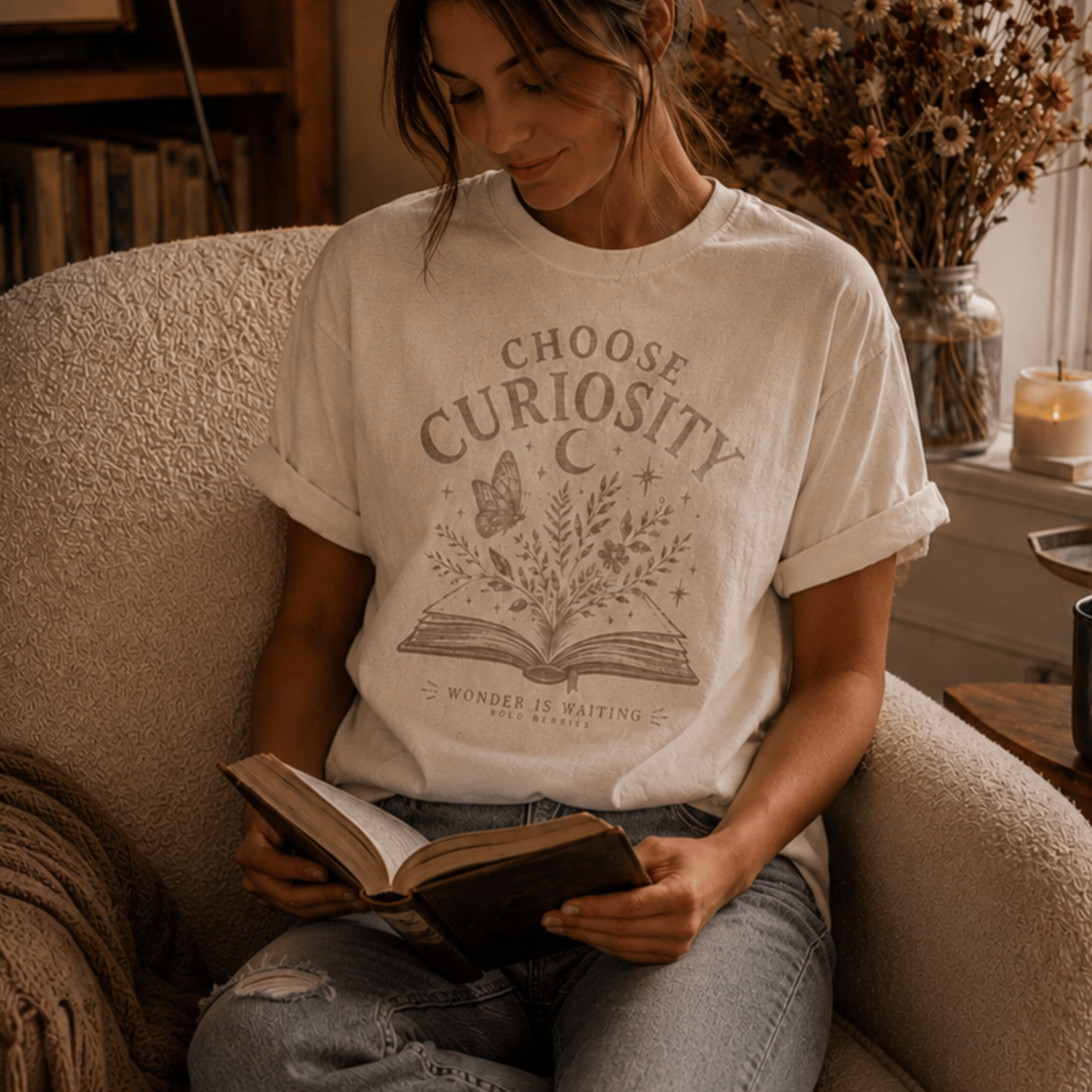 Choose Curiosity Book T-Shirt — Literary Graphic Tee for Readers & Dreamers