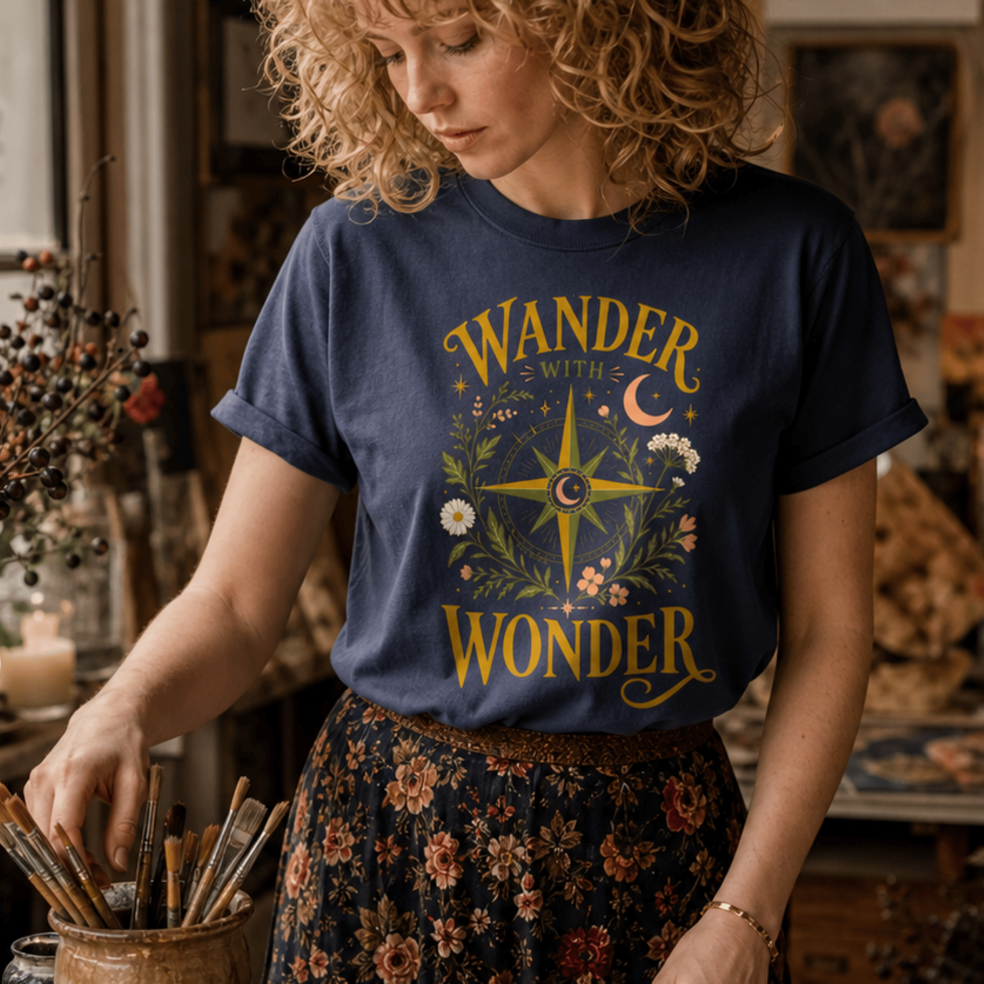Wander with Wonder T-Shirt — Compass Floral Adventure Tee