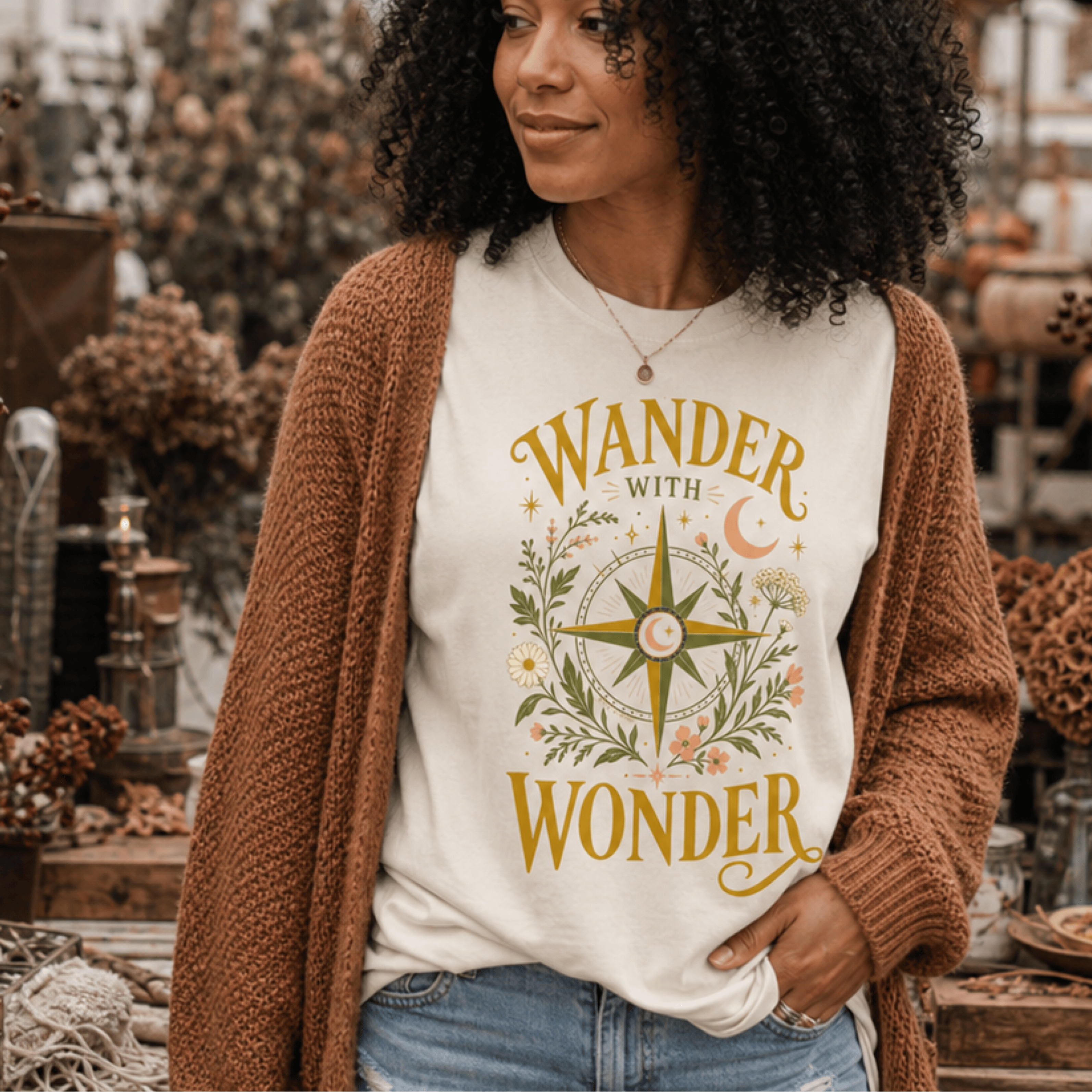 Wander with Wonder T-Shirt — Compass Floral Adventure Tee