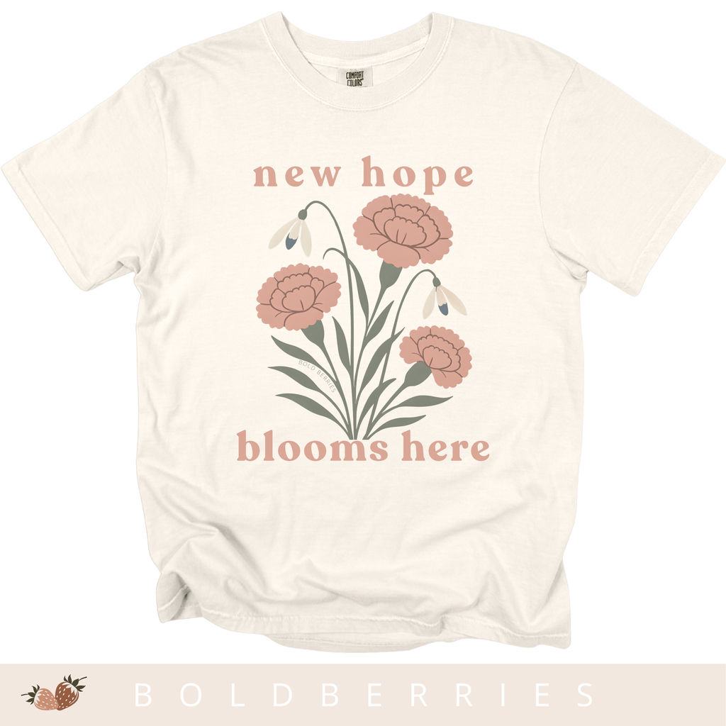 New Hope Blooms Here, January Birth Flowers - Adult T-Shirt