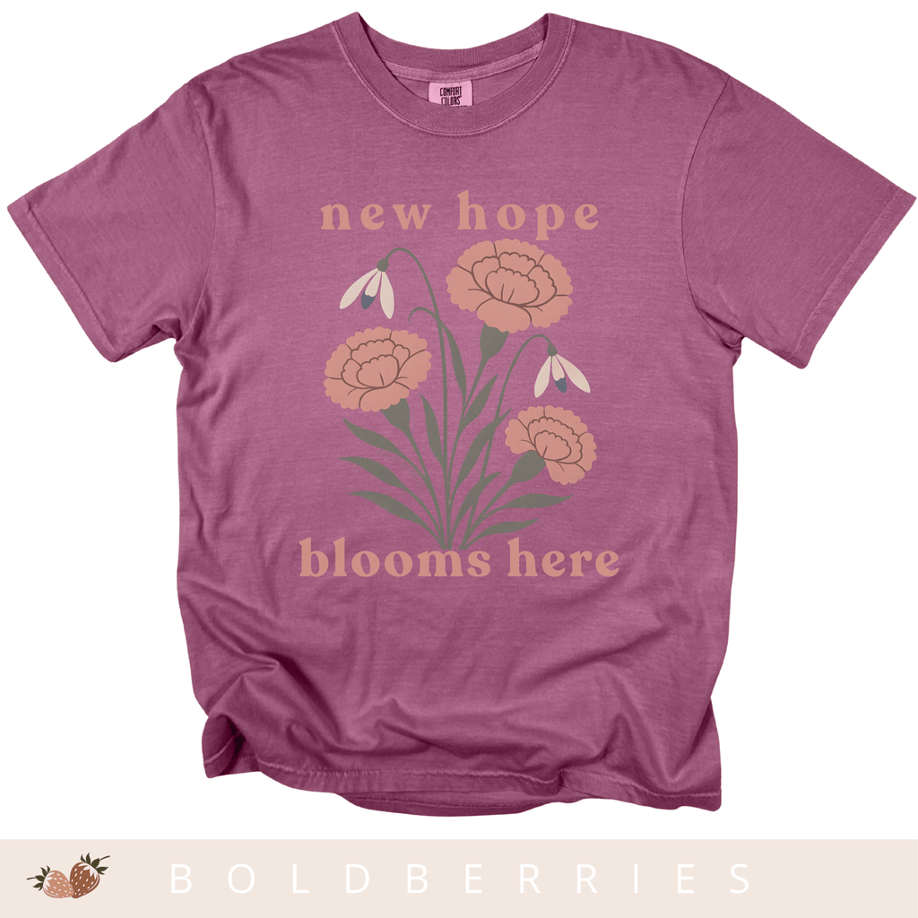 New Hope Blooms Here, January Birth Flowers - Adult T-Shirt