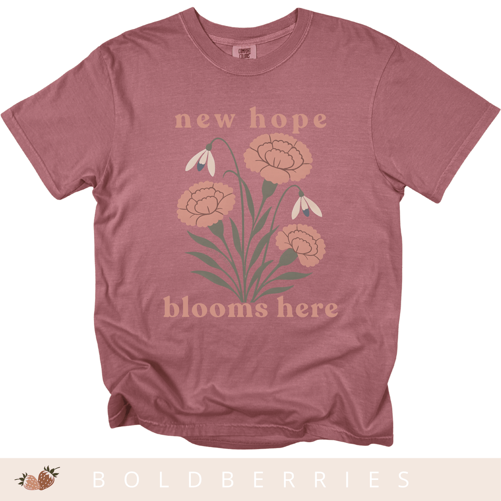 New Hope Blooms Here, January Birth Flowers - Adult T-Shirt