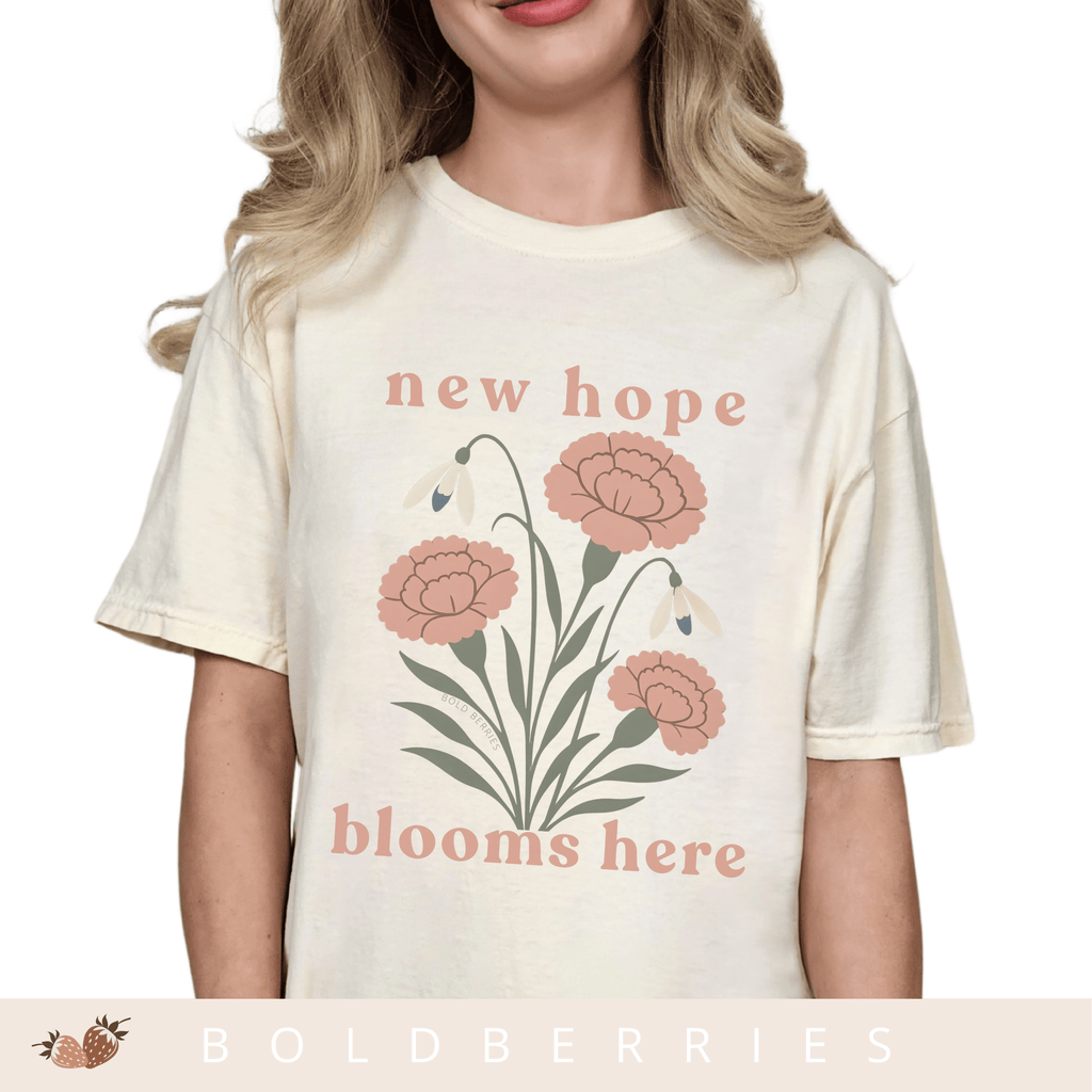 New Hope Blooms Here, January Birth Flowers - Adult T-Shirt