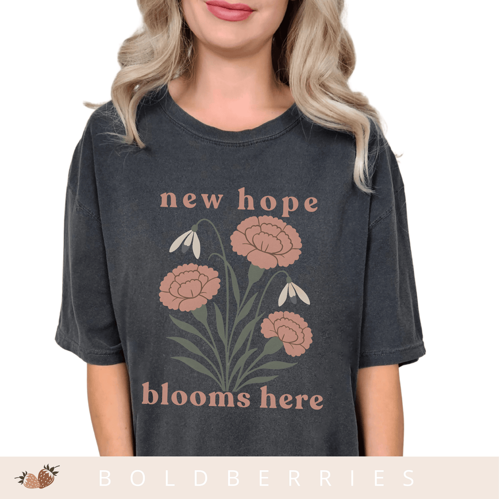 New Hope Blooms Here, January Birth Flowers - Adult T-Shirt