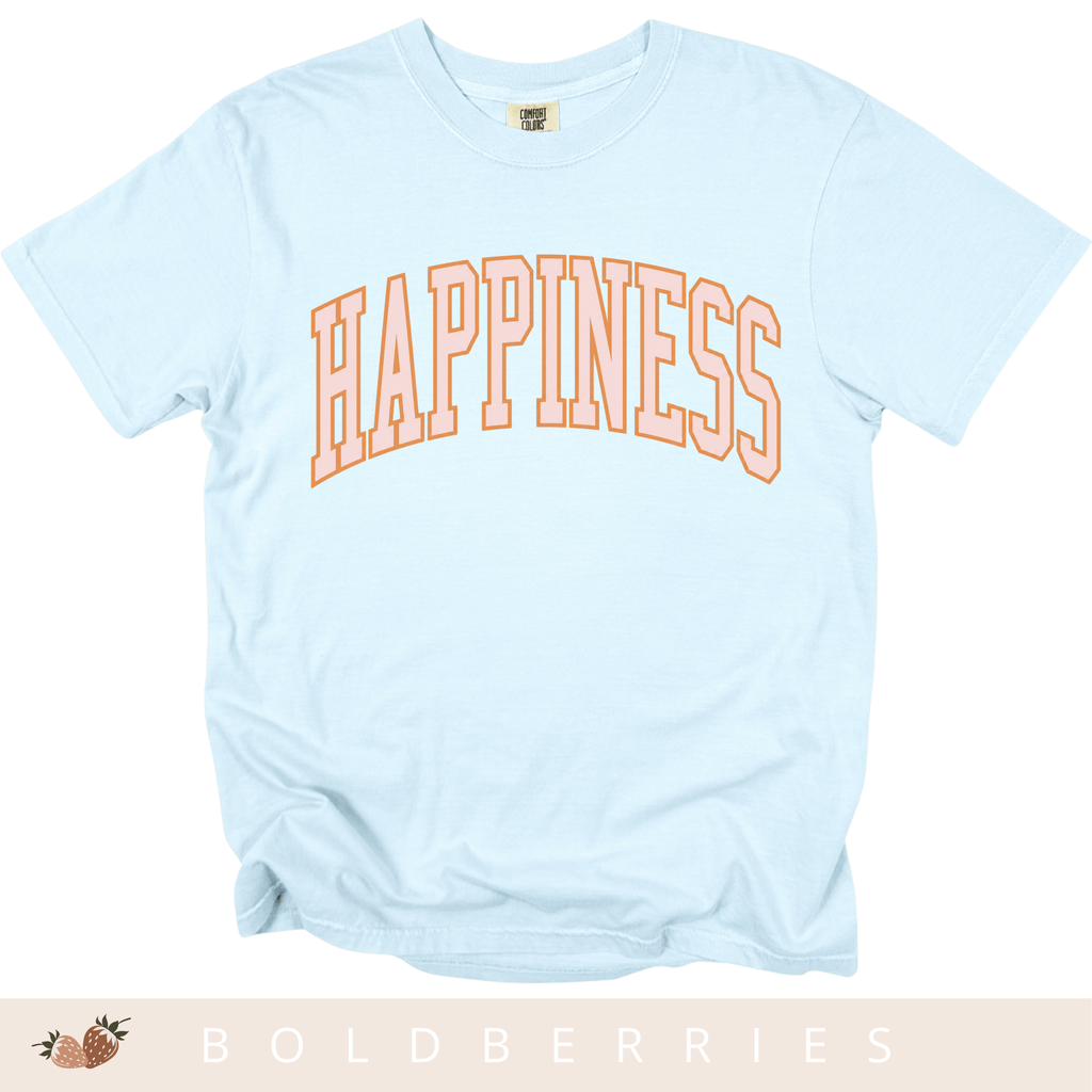 Happiness Graphic T-Shirt — Vintage Arched Pink Lettering