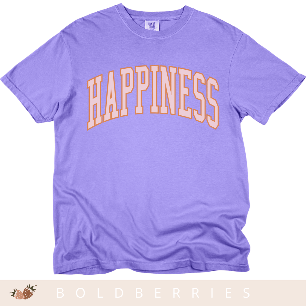 Happiness Graphic T-Shirt — Vintage Arched Pink Lettering