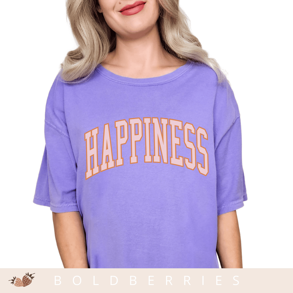 Happiness Graphic T-Shirt — Vintage Arched Pink Lettering