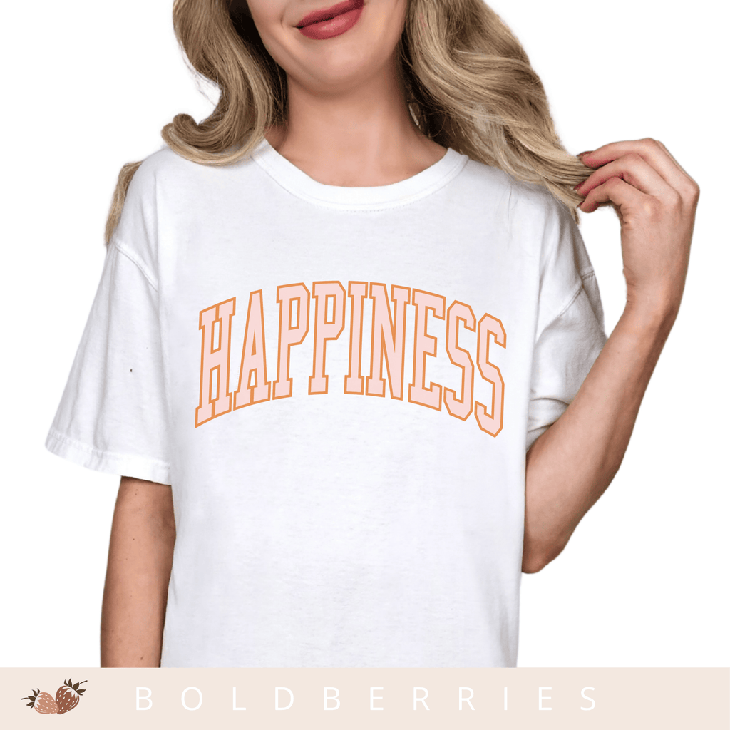 Happiness Graphic T-Shirt — Vintage Arched Pink Lettering