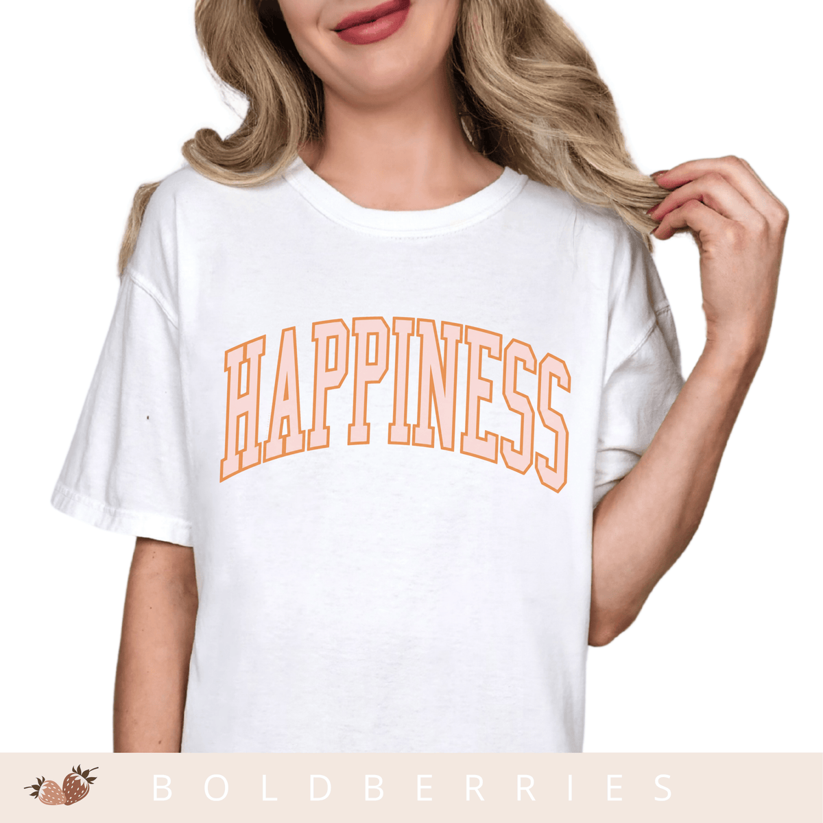 Happiness Graphic T-Shirt — Vintage Arched Pink Lettering