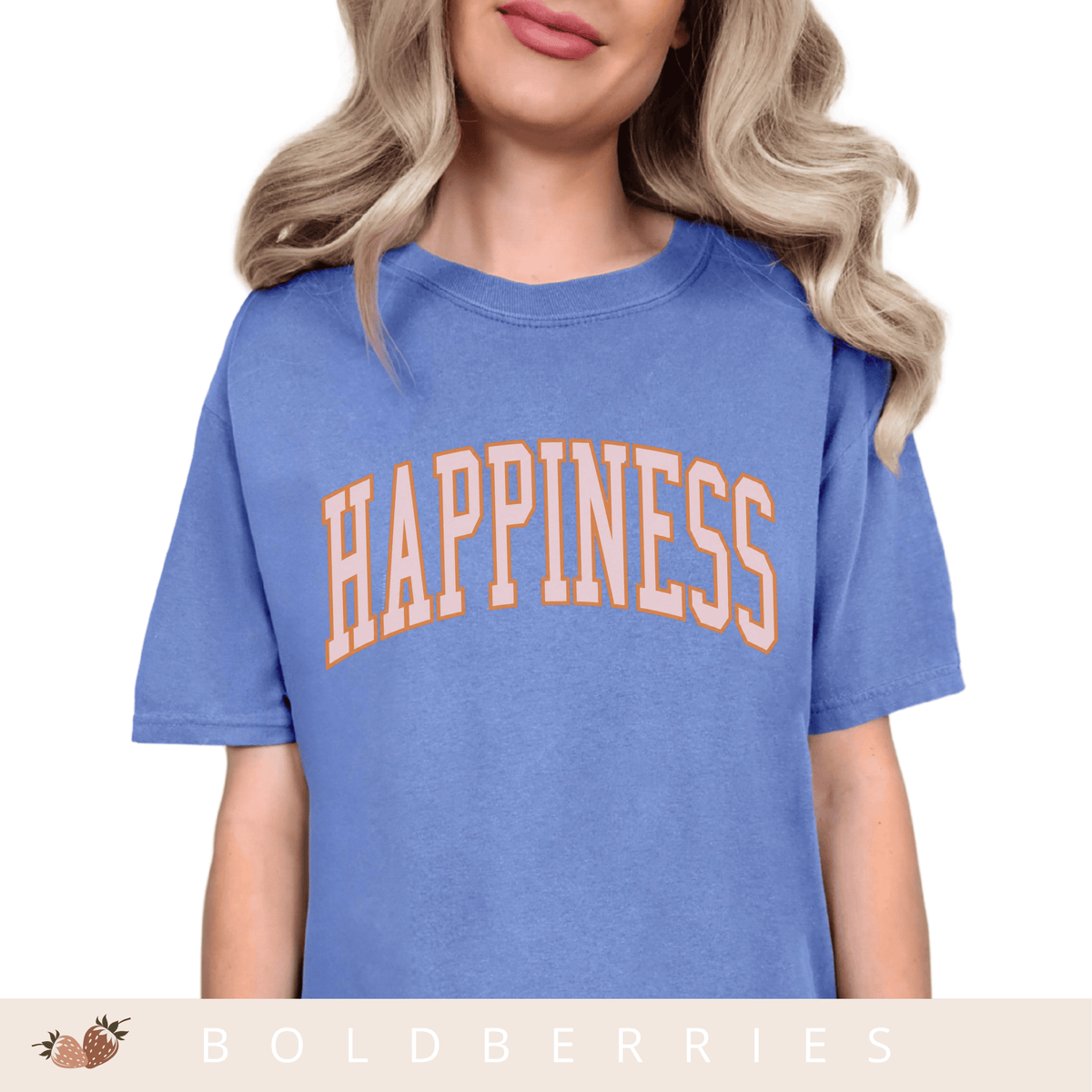 Happiness Graphic T-Shirt — Vintage Arched Pink Lettering