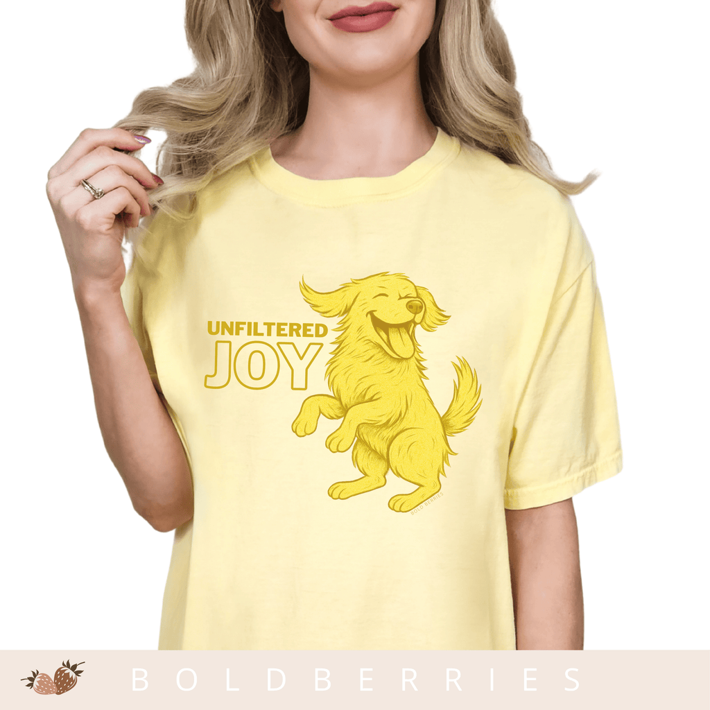Unfiltered Joy Dog T-Shirt — Happy Golden Retriever Graphic Tee - Adult T-Shirt